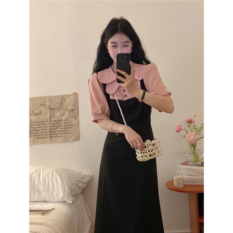 Đầm Chữ A Giả Hai Lớp Ngắn Tay Cổ Búp Bê Thời Trang Hàn Quốc Cổ Điển Dành Cho Nữ