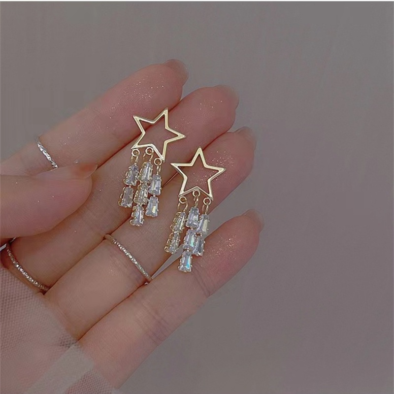Khuyên Tai Tua Rua Đính Đá zircon Ngôi Sao Năm Cánh Sang Trọng Cá Tính