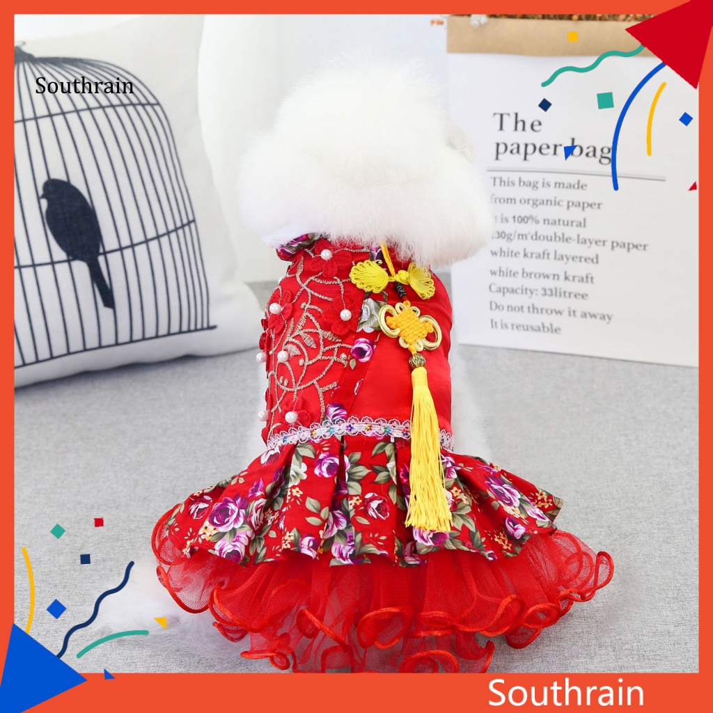 Đầm Hóa Trang Vải Tuyn Mềm Phối Tua Rua In Hoa Dễ Thương Cho Thú Cưng