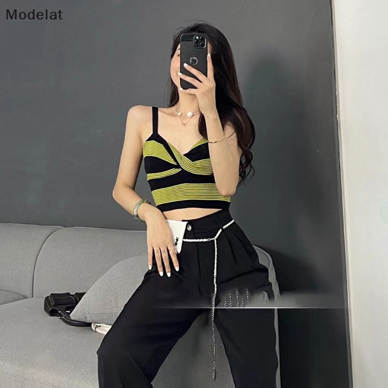 Mfc Áo Dệt Kim Không Tay Dáng Ôm Họa Tiết Kẻ Sọc Màu Tương Phản Thời Trang Quyến Rũ Cho Nữ