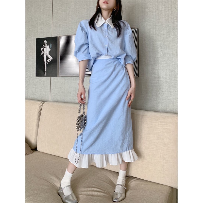 Set Áo Sơ Mi Cổ Bẻ Phối Chân Váy Chữ a Lưng Cao Thời Trang Mùa Hè Xinh Xắn Cho Nữ