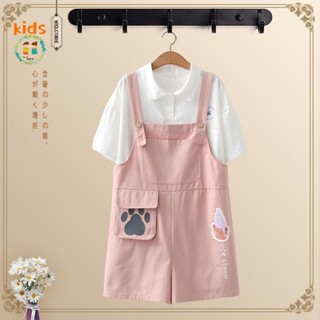 Bộ Áo Thun polo Ngắn Tay + Quần Yếm Thời Trang Mùa Hè Mới Cho Bé Gái 3-5 - 8-10 - 12-13 Tuổi