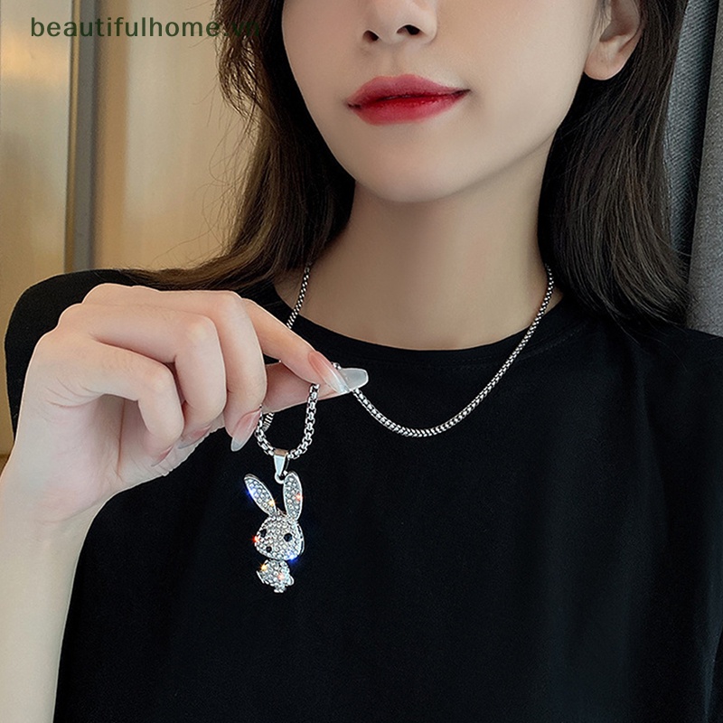 Vòng Cổ Choker Bằng Thép Không Gỉ Mặt Hình Thỏ Đính Đá Pha Lê Phong Cách Hiphop Thời Trang