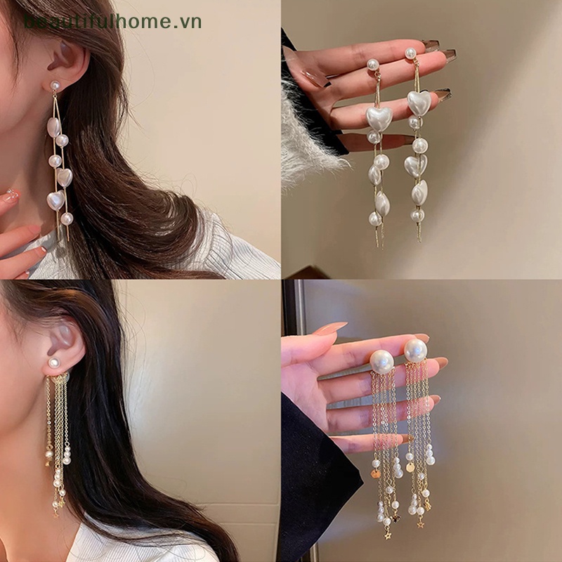 [beautifulhome] Bông Tai Ngọc Trai Kim Loại Dài Tua Rua Hình Học Thời Trang Cổ Điển Tinh Tế [beauty]