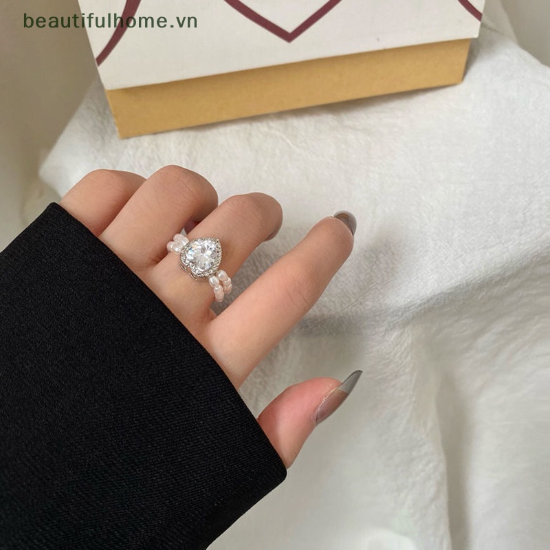 [beautifulhome] Nhẫn Hai Lớp Đính Ngọc Trai Giả Thanh Lịch Hình Trái Tim Có Thể Điều Chỉnh Trang Sức Dự Tiệc [beauty]