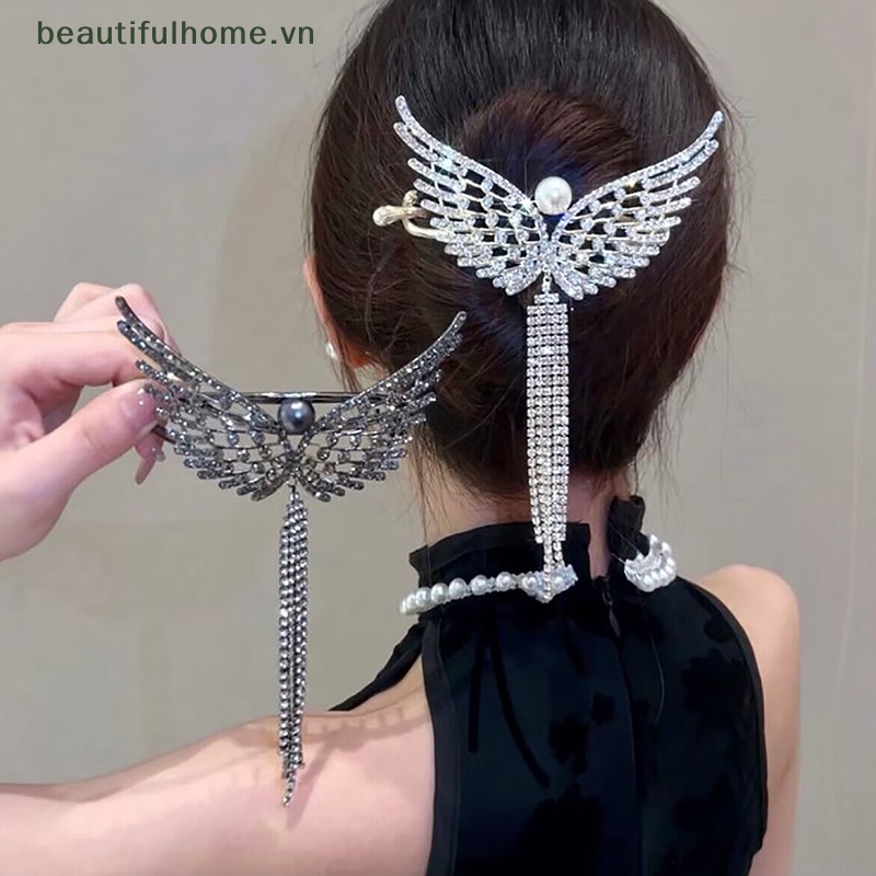 [beautifulhome] Kẹp Tóc Đuôi Ngựa Hình Cánh Thiên Thần Đính Đá Ngọc Trai Giả Phong Cách Hàn Quốc Dành Cho Nữ [beauty]