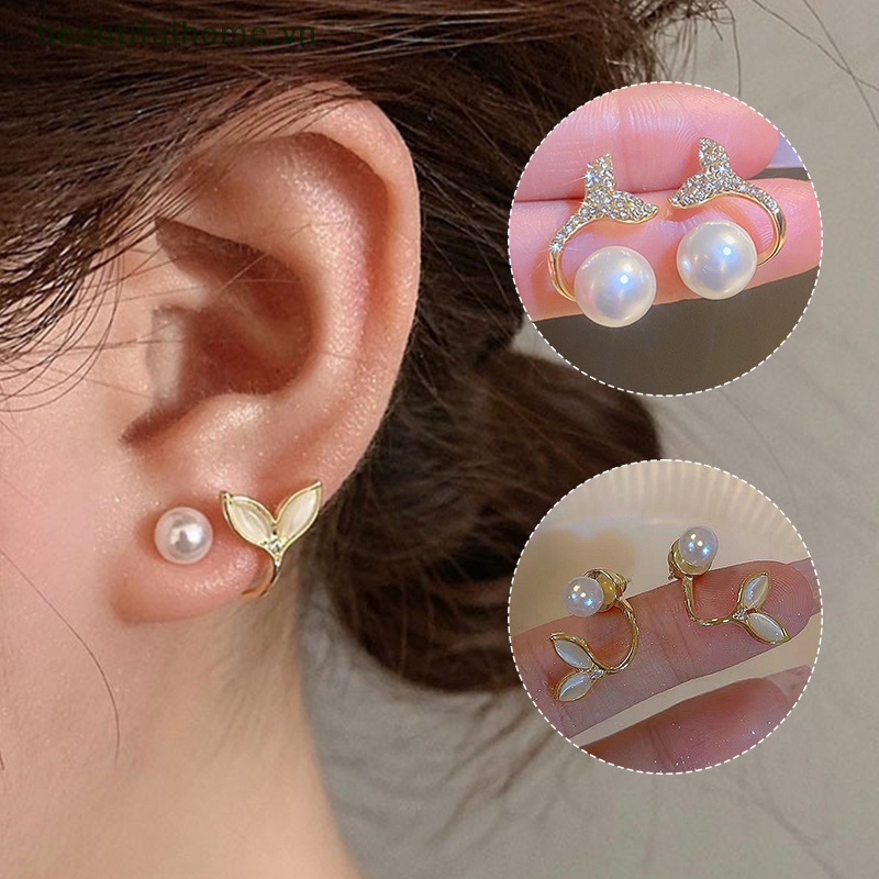 Bông Tai Hình Đuôi Cá Đính Ngọc Trai Đơn Giản Thanh Lịch Phong Cách Hàn Quốc Cho Nữ