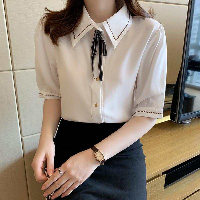 Áo Sơ Mi Voan Ngắn Tay Thắt Nơ Phong Cách Hàn Quốc Thanh Lịch Dành Cho Nữ