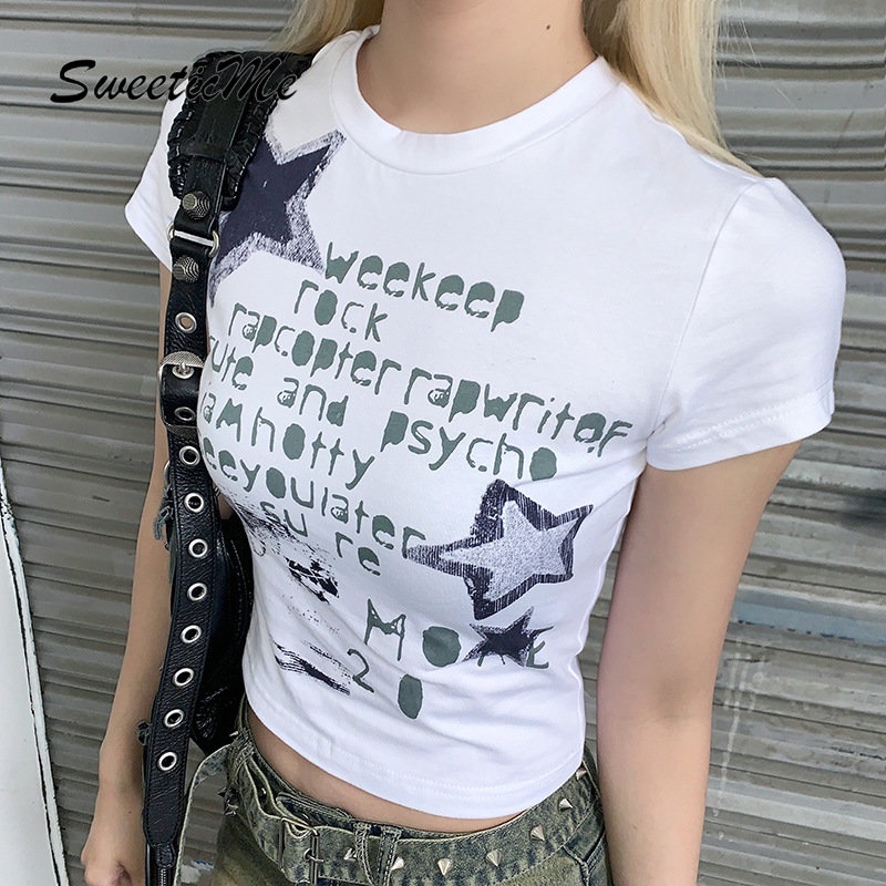 Áo Thun Tay Ngắn Cổ Tròn In Chữ Và Ngôi Sao Thời Trang 2023 Dành Cho Nữ