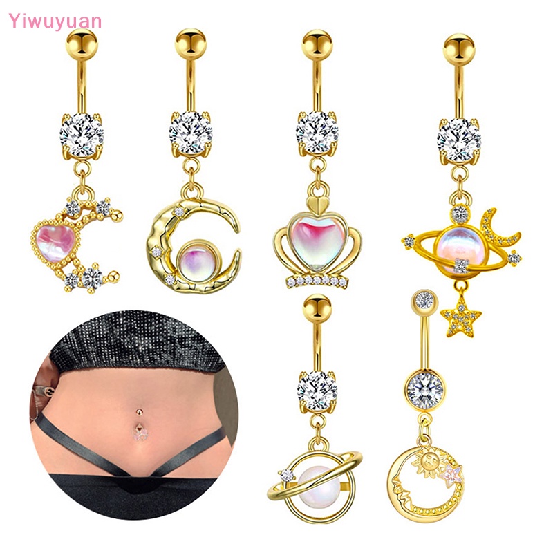 < Yiwuyuan > Khuyên Rốn Bằng Thép Không Gỉ Hình Hành Tinh Mặt Trăng Ngôi Sao Sáng Bóng Cho Nữ