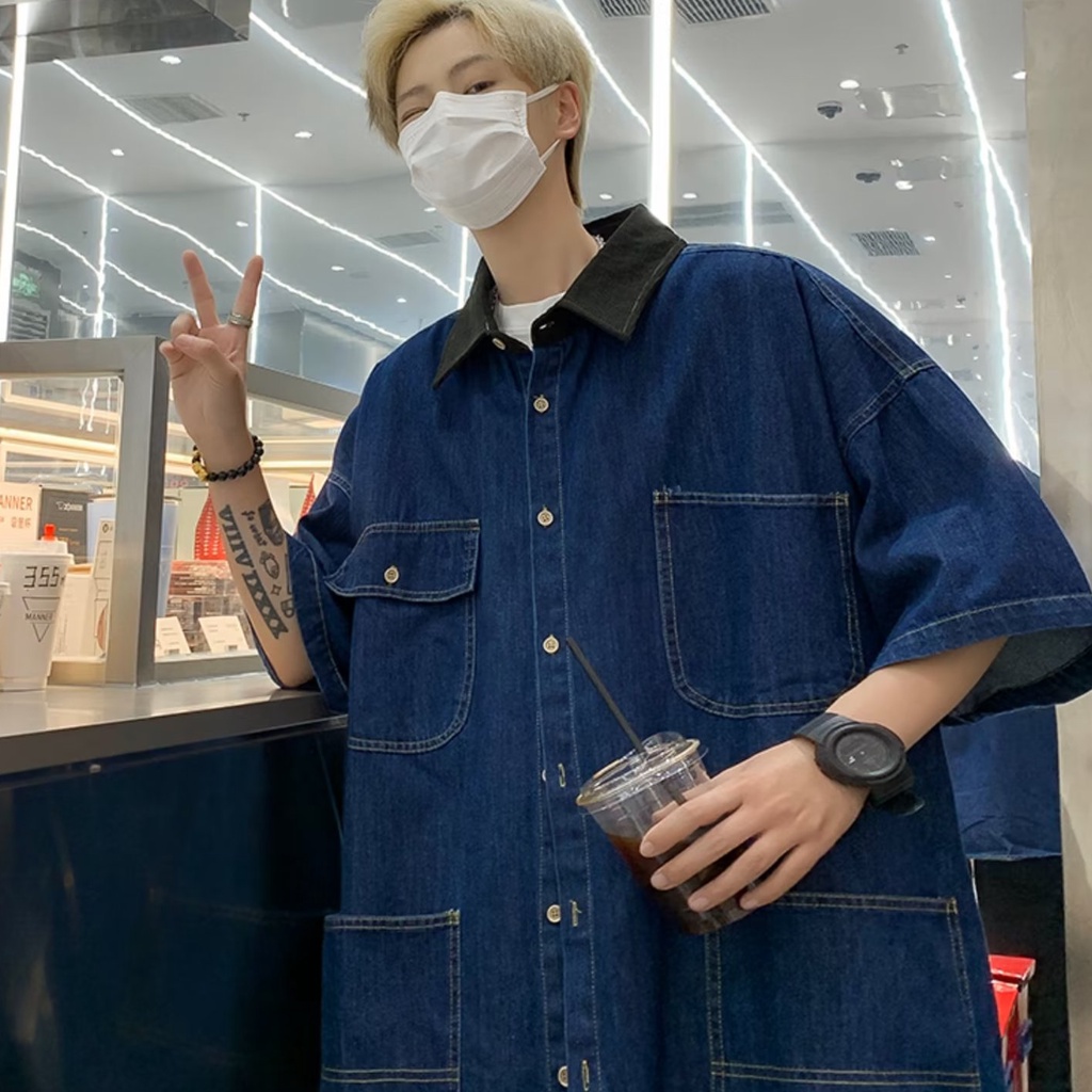 Áo Sơ Mi Denim Tay Ngắn Dáng Rộng Phối Túi Độc Đáo Phong Cách Nhật Bản Thời Trang Cho Nam Và Nữ