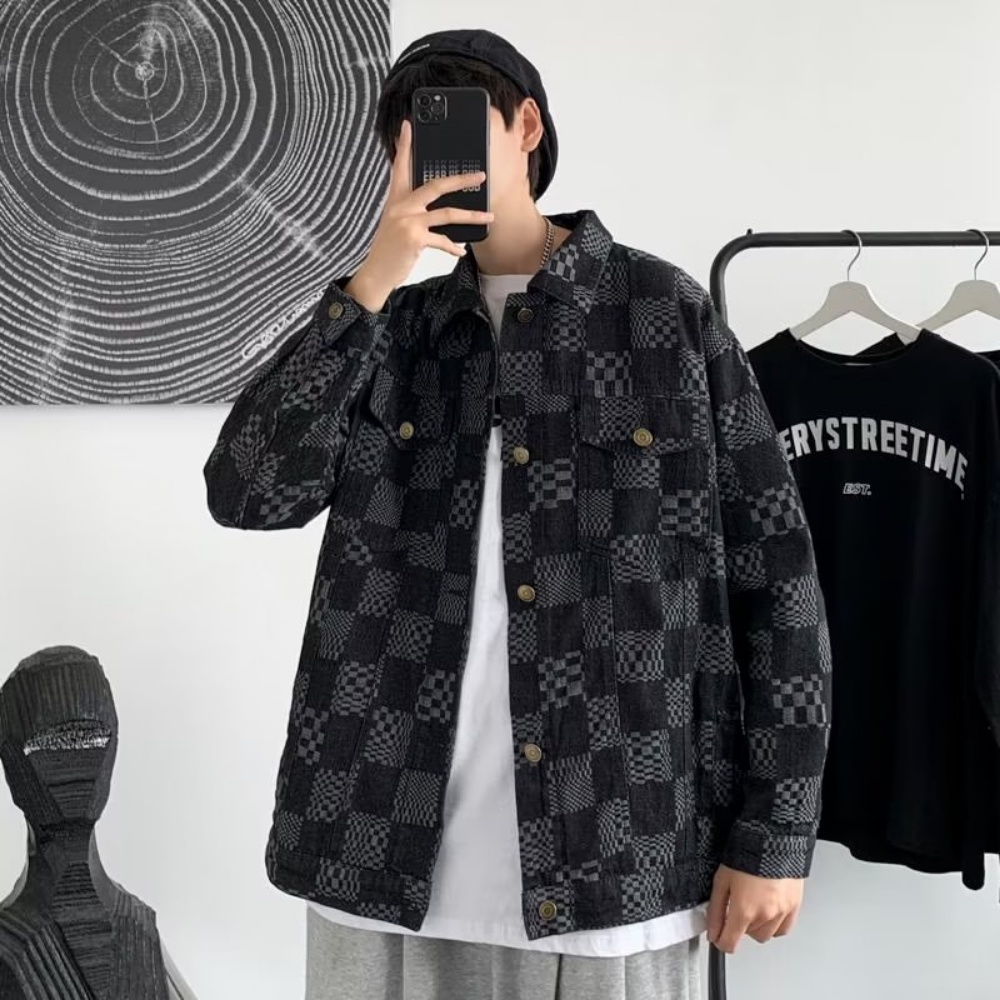 Áo Khoác Denim Dáng Rộng Họa Tiết Kẻ Ô Đen Phong Cách Retro Nhật Bản Cho Nam Giới