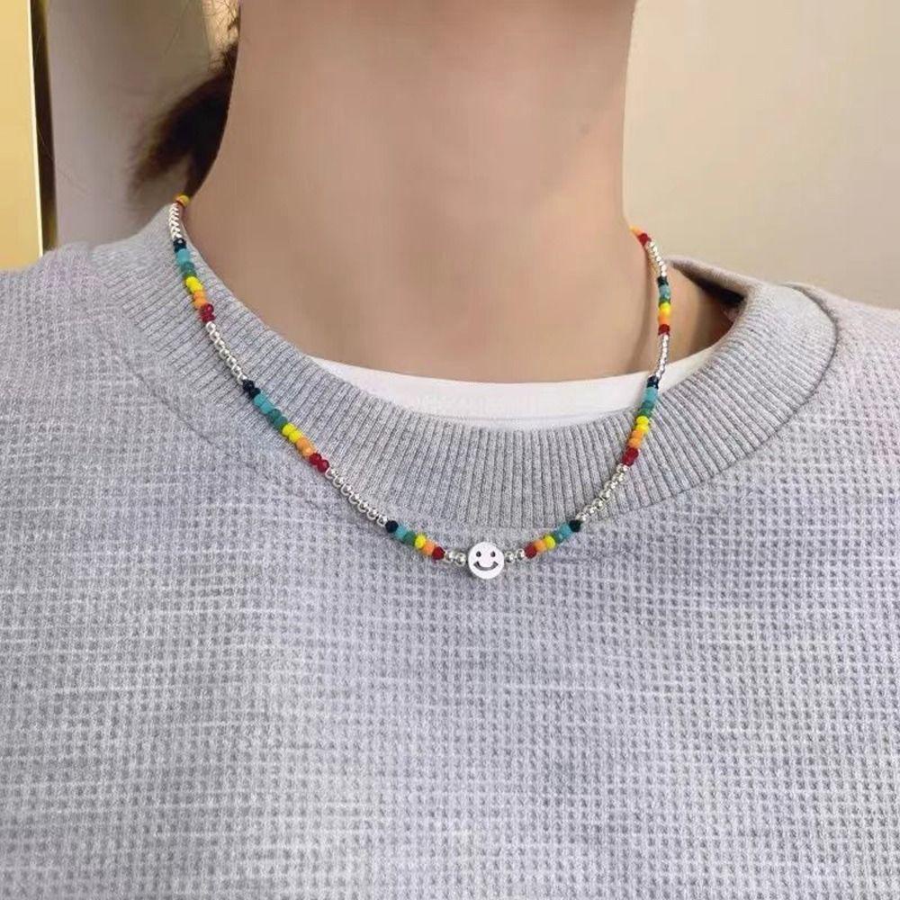 MIQUEL Vòng Cổ Hạt Acrylic Mặt Cười Nhiều Màu Sắc Phong Cách Hip Hop Bằng Hợp Kim Bạc Làm Quà Sinh Nhật