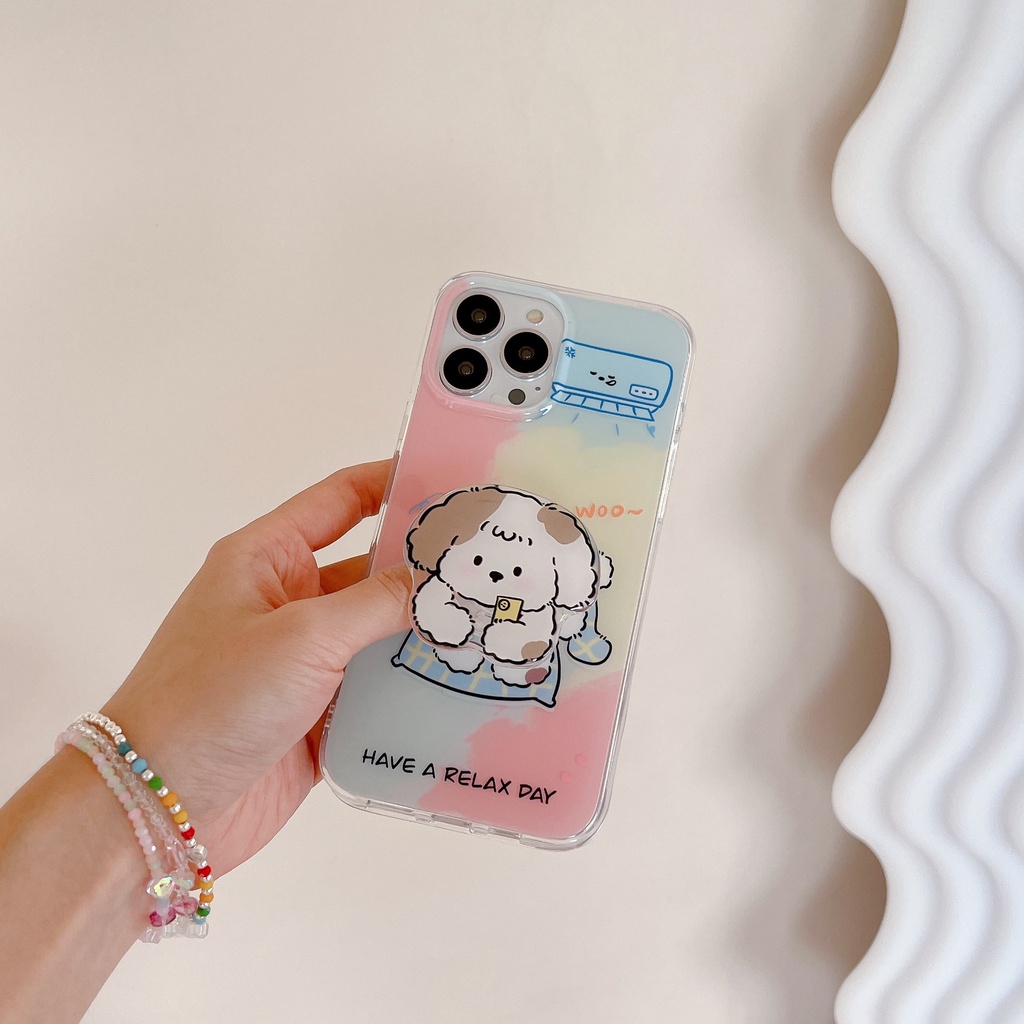 Ốp Điện Thoại TPU Mềm Trong Suốt Chống Sốc In Hình Chú Chó Hoạt Hình Có Giá Đỡ Và Dây Đeo Cổ Tay Cho iPhone 11 13 12 14 Pro Max