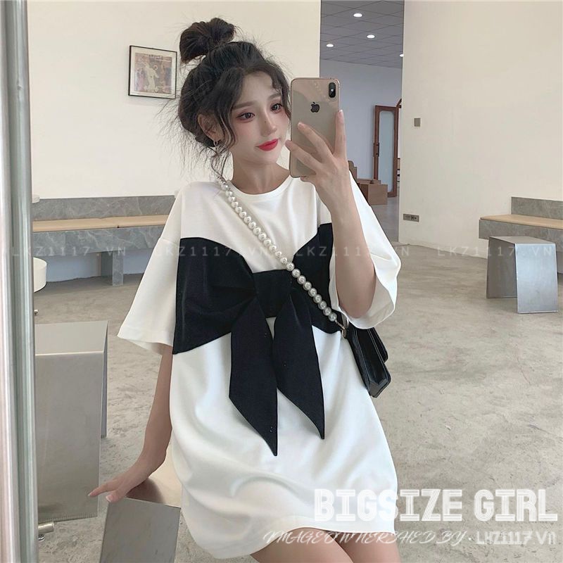 Áo thun nữ tay ngắn Bigsize Áo kiểu form rộng Giả Hai cổ tròn Phối Nơ mùa hè Phong cách Hàn Quốc Thời Trang đẹp