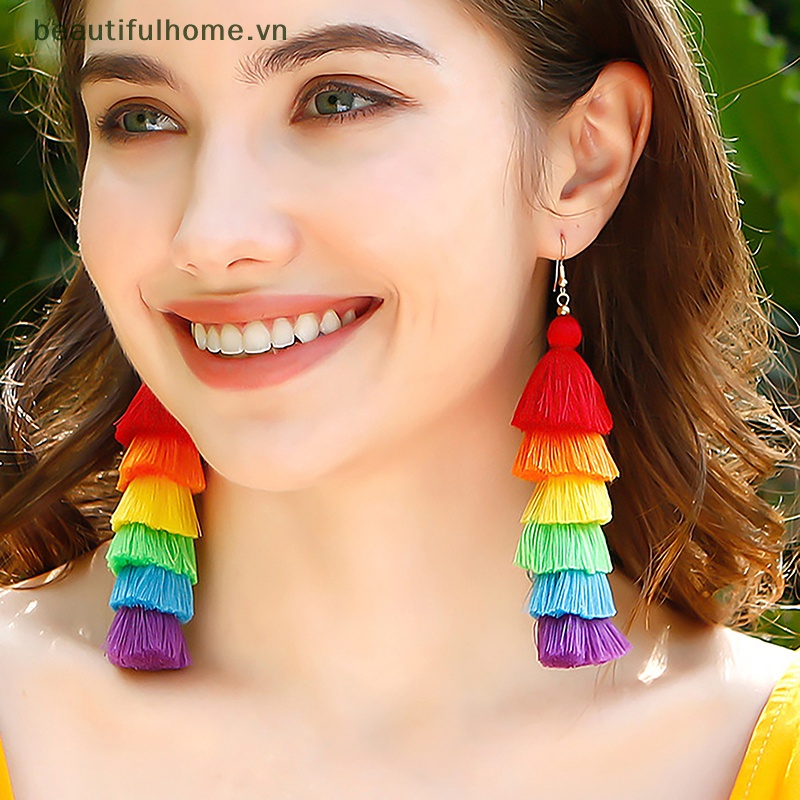 1 Đôi Bông Tai Tua Rua Dáng Dài Nhiều Lớp Phong Cách Bohemian Dễ Thương Thời Trang Mùa Hè Cho Nữ