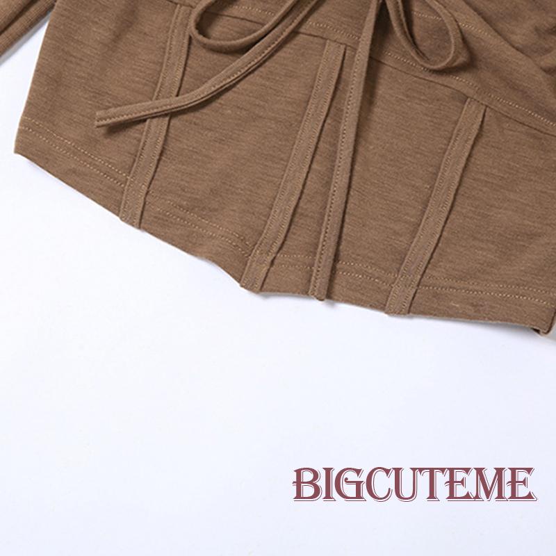 []] Áo Thun Crop Top Dây Rút Tay Chuông Dài Màu Trơn Ôm Dáng Vừa Vặn Cho Nữ