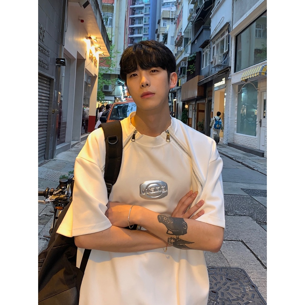 Áo Thun Tay Ngắn Cổ Tròn Dáng Rộng Phối Khóa Kéo Thời Trang Mùa Hè Cho Nam