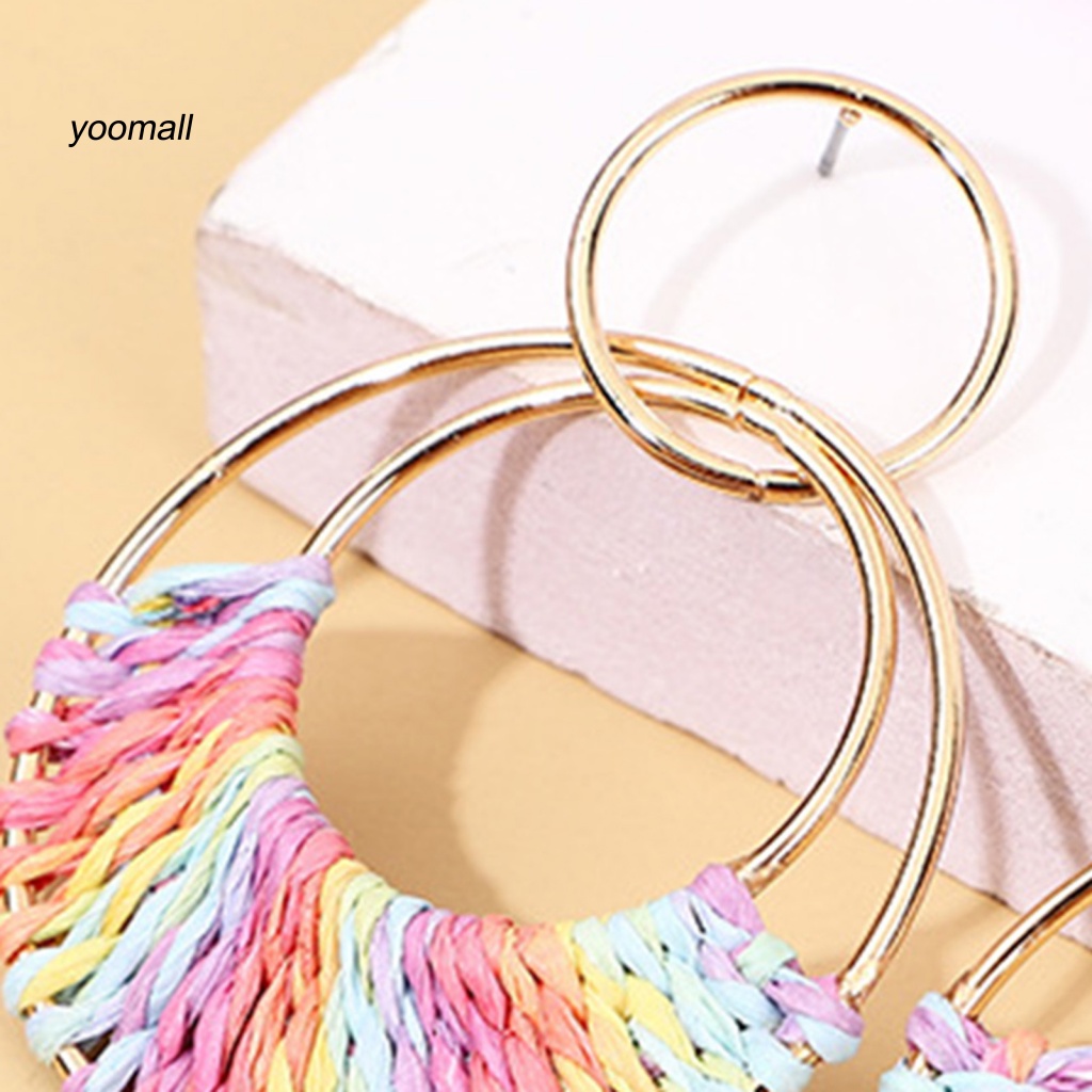 1 Đôi Khuyên Tai Tròn Đan Rơm Thời Trang Đi Biển Mùa Hè