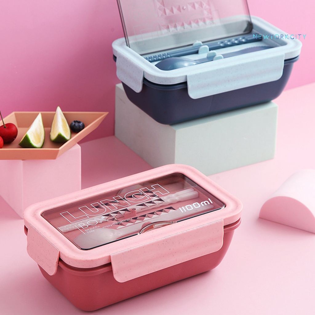 Hộp cơm Hai Ngăn Nắp Lật Bằng Nhựa Trong Suốt Kèm Muỗng Đũa Chống Rò Rỉ An Toàn Cho Trường Học