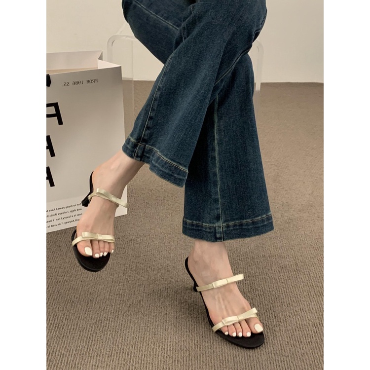 Xăng đan Cao Gót Hở Ngón Đính Nơ Màu Đen Thời Trang Cho Nữ