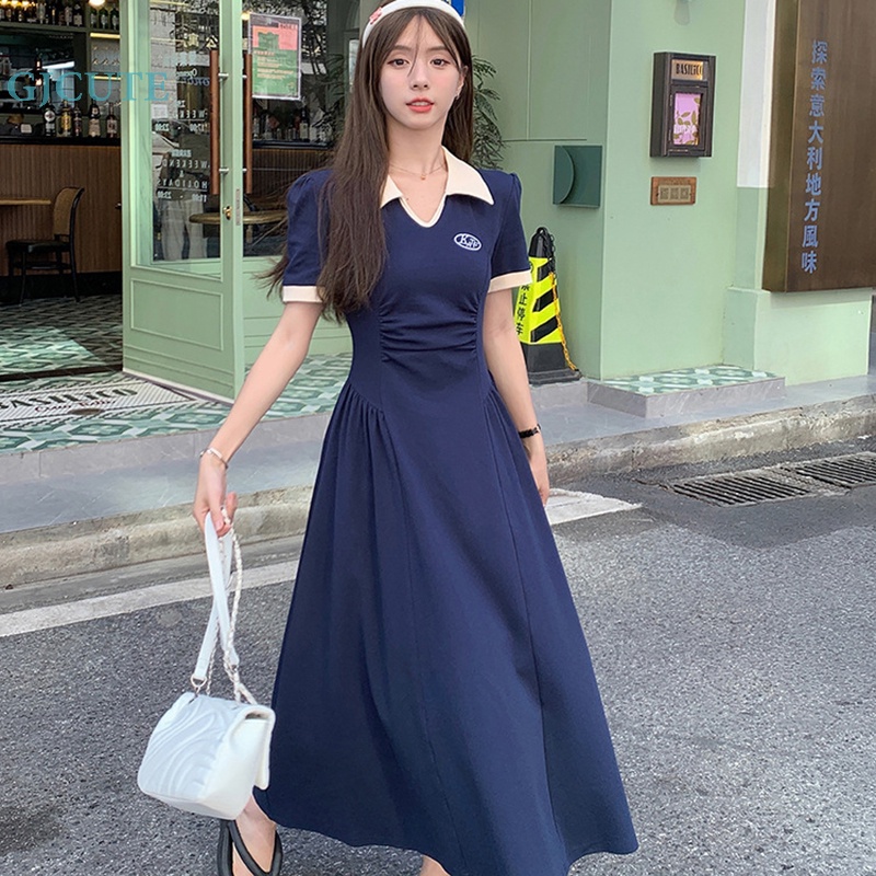 Đầm Mini Cổ Bẻ Tay Ngắn Màu Tương Phản Thời Trang Mùa Hè Cho Nữ