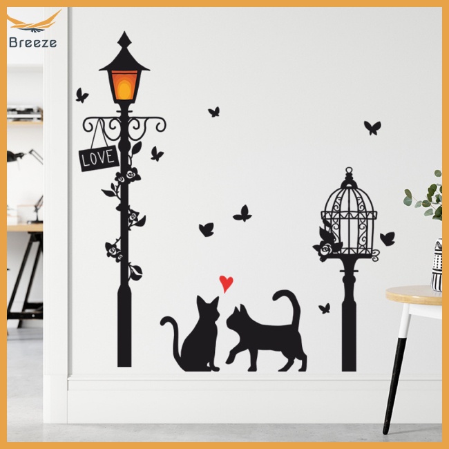 Sticker Dán Tường Tự Dính Họa Tiết Chú Mèo Dưới Đường Phố Trang Trí Nội Thất