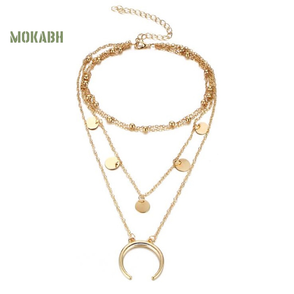 [Mok Abh] Vòng Cổ Choker Nhiều Tầng Với Mặt Dây Hình Mặt Trăng Phong Cách Boho Thời Trang