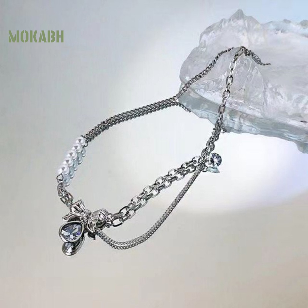 [Mok Abh] Vòng cổ Mặt Hình Nơ Đính Ngọc Trai Giả Thanh Lịch Sáng Bóng Hình Giọt Nước Trang Trí Cho Nữ