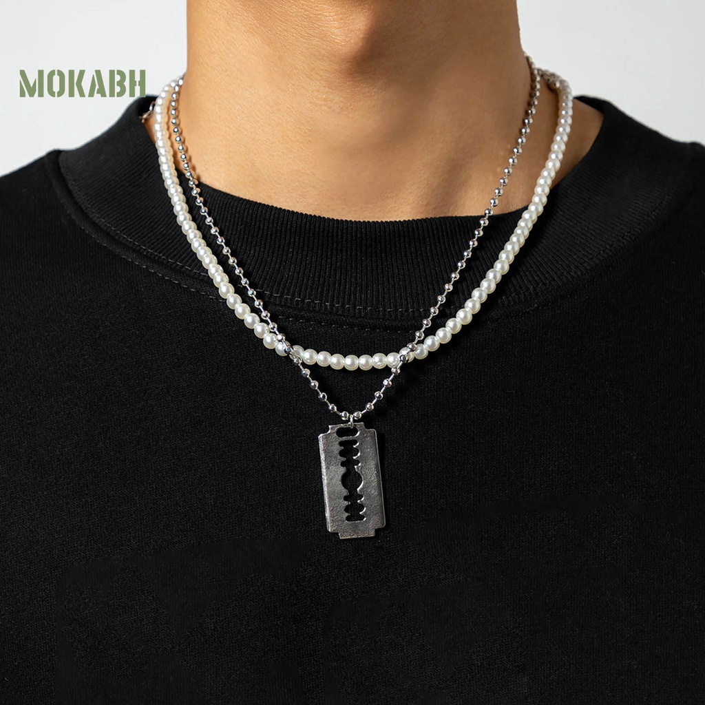 [Mok Abh] Vòng cổ Hai Lớp Đính Ngọc Trai Nhân Tạo Hình Học Có Thể Điều Chỉnh Thời Trang Dành Cho Nam
