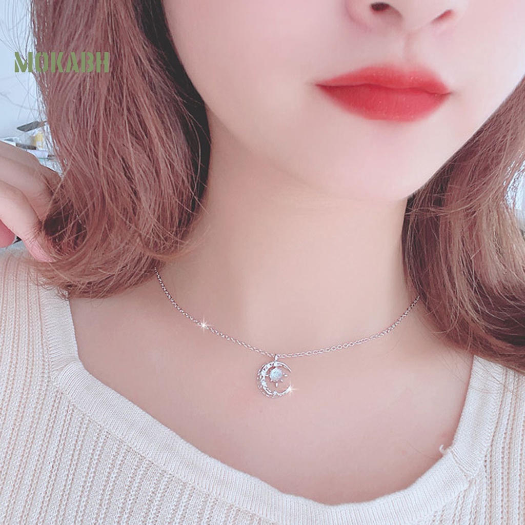 [Mok Abh] Vòng cổ Mặt Hình Tròn Đính Đá Ánh Sáng Mặt Trăng Và Ngôi Sao Tinh Tế Thời Trang Trang Trí Quần Áo