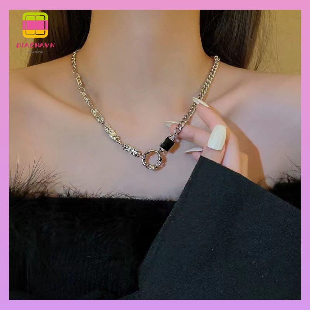 Vòng cổ Bằng Thép Titan Mặt Đá Quý Đen Phong Cách Punk Cho Nữ