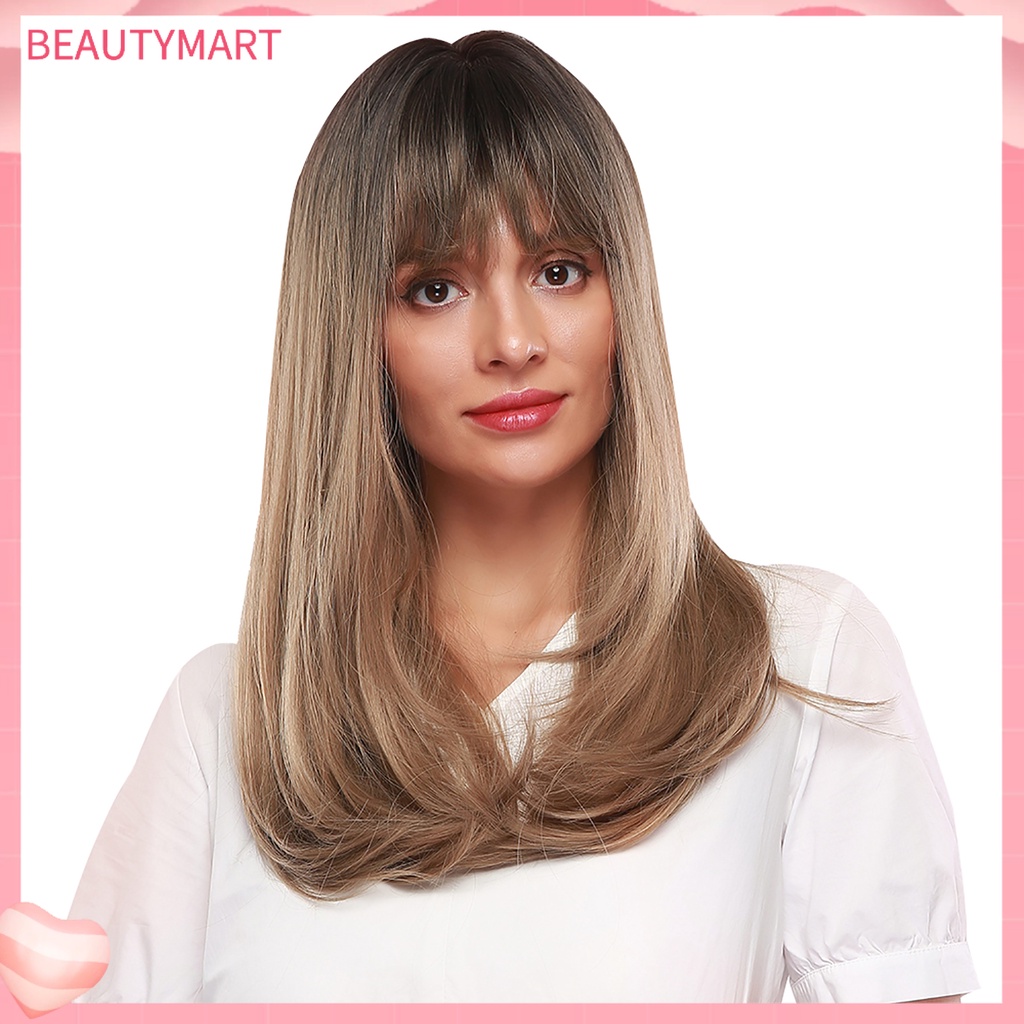 Bộ Tóc Giả Dài Mái Bằng Sợi Tổng Hợp Màu Vàng Nâu Thời Trang Dành Cho Nữ