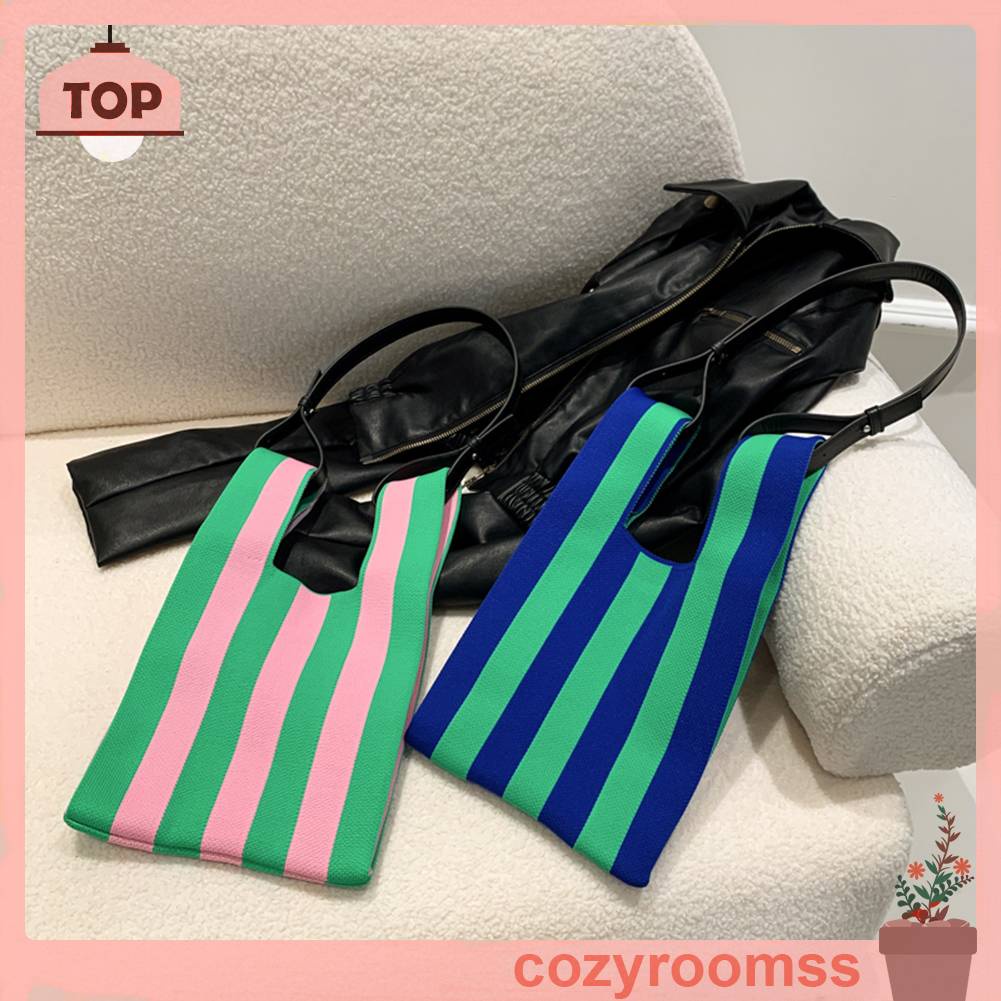 Túi Tote Đan Len Họa Tiết Sọc Tương Phản Thời Trang Cho Nữ