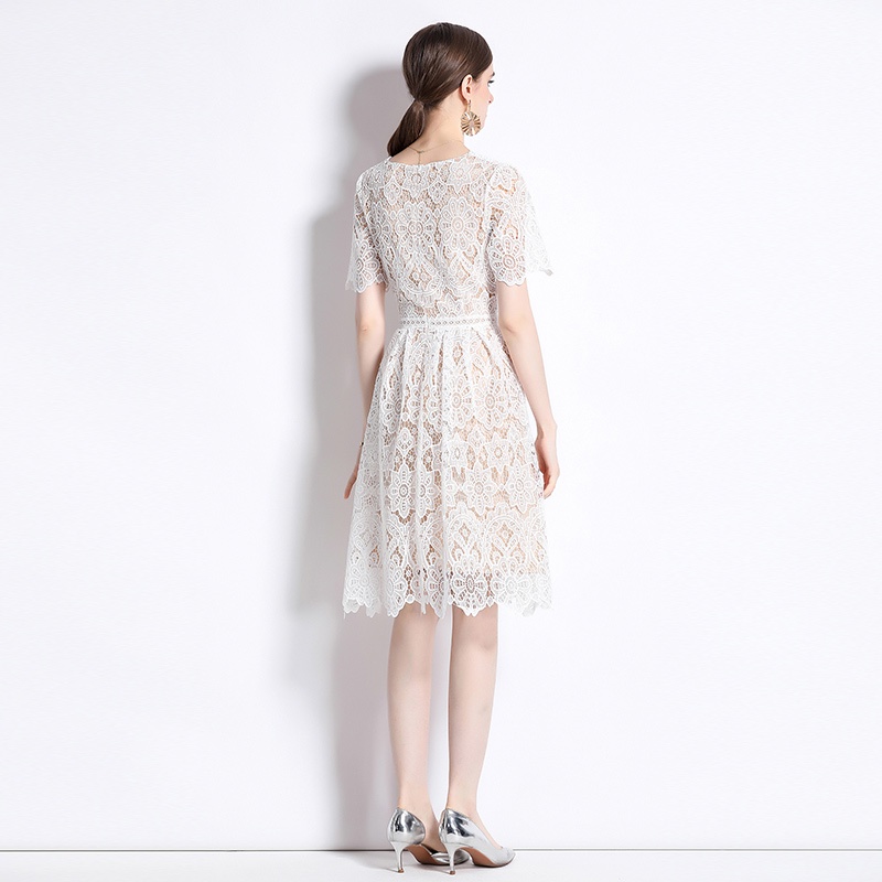 20236 thời trang mùa hè thanh lịch cổ chữ v ren hòa tan trong nước váy ren