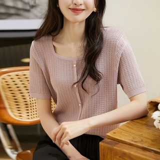 Áo thun đính cườm rỗng cổ vuông Ice Silk Áo thun nửa tay đính cườm Áo len dệt kim mỏng