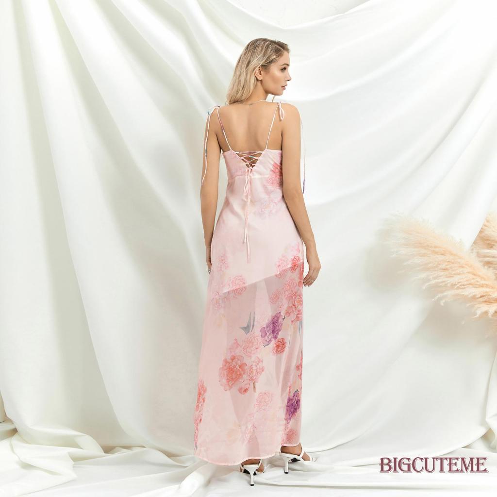 [] - Đầm Hai Dây Dáng Dài Không Tay Buộc Dây Hở Lưng In Hoa Mùa Hè Màu Hồng Cho Nữ Đi Tiệc Cocktail