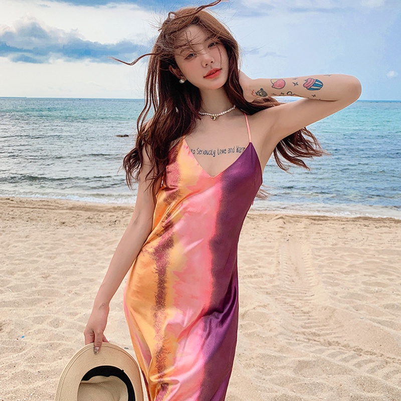 Đầm Lụa Dáng Dài Hở Lưng Nhuộm Màu Quyến Rũ Dễ Phối Đồ Thời Trang Cho Nữ