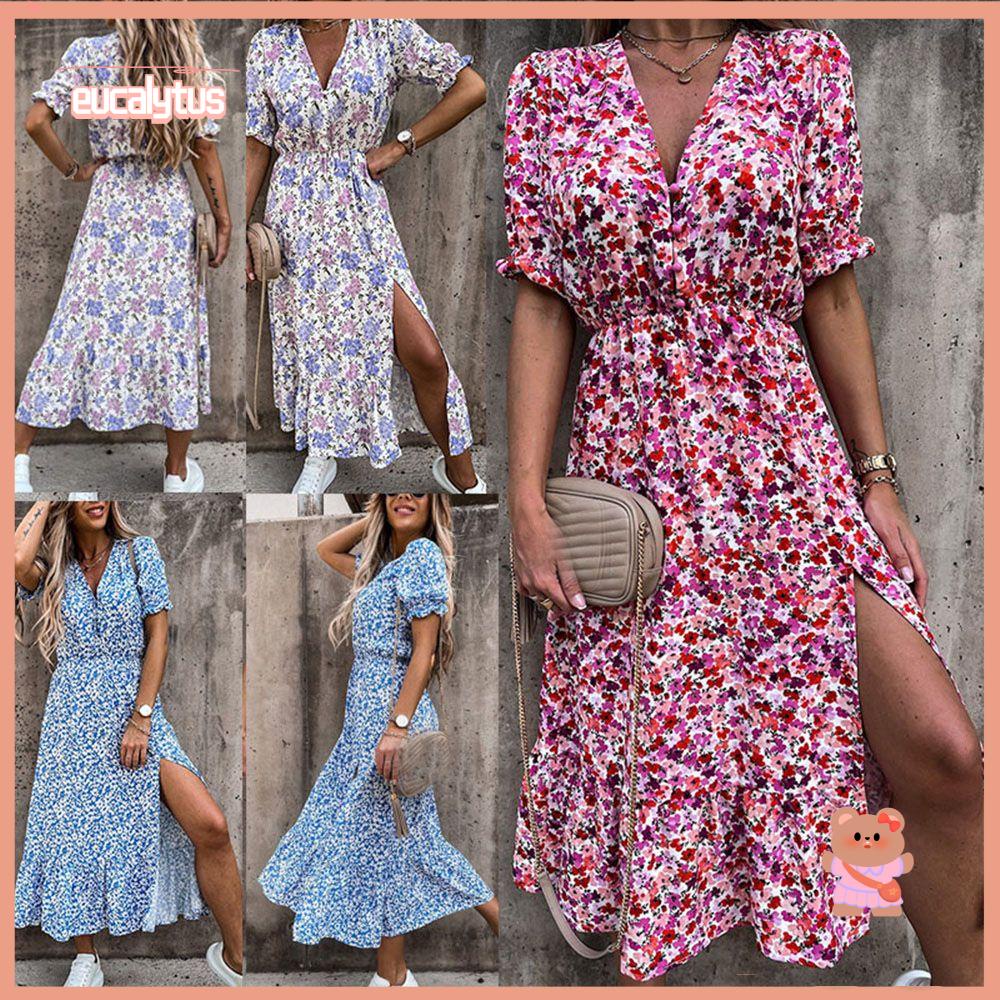 EUTUS Đầm Tay Ngắn Cổ Chữ V Thời Trang Mùa Hè Cho Nữ