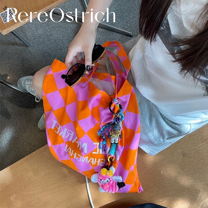 Túi Vải Cotton Nguyên Chất Hình Kim Cương Màu Cam Hồng Thời Trang Mùa Hè