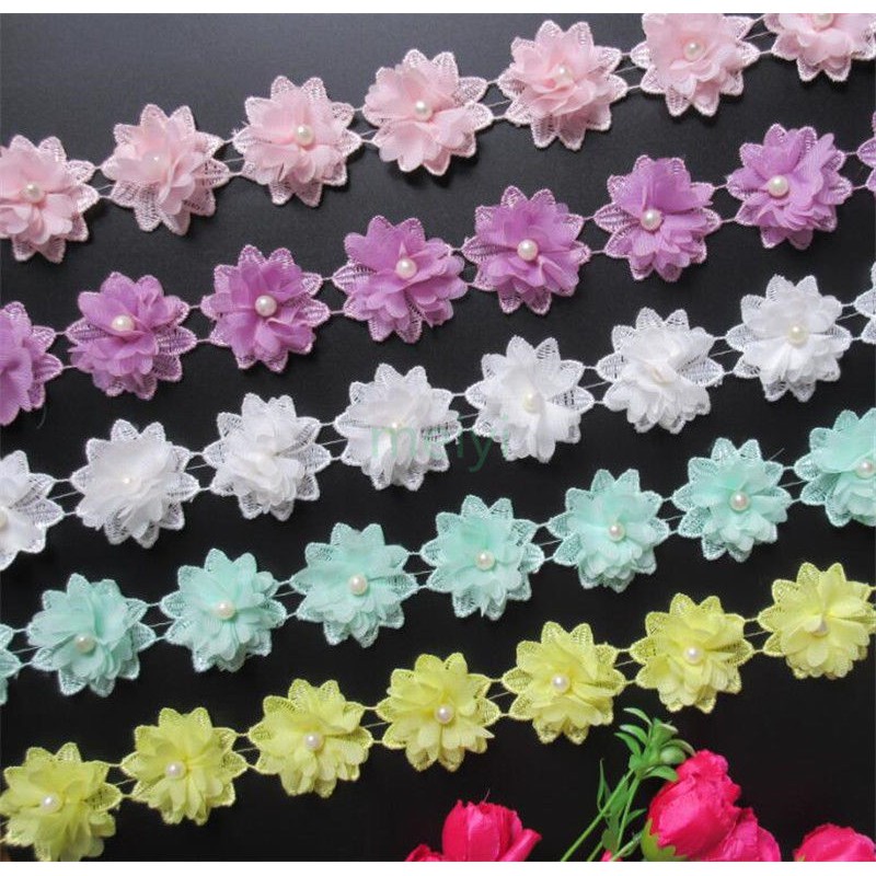 1 yard Flower Pearl Lace Edge Trim Vintage Wedding Ribbon Applique DIY Trim Garment Sewing Accessories LY