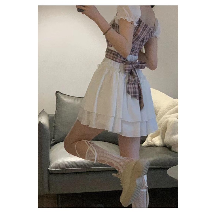 Đầm Ngắn Giả Hai Mảnh Thắt Nơ Eo Họa Tiết Sọc Caro Phong Cách Nhật Bản Ngọt Ngào Mùa Hè Dành Cho Bạn Nữ Mới
