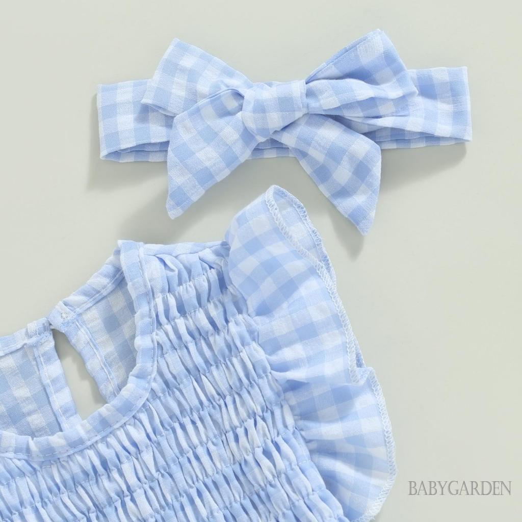 Bộ Áo Liền Quần Tay Ngắn Cổ Thuyền Họa Tiết Sọc Caro + Băng Đô Cài Tóc Thời Trang Mùa Hè Cho Bé Gái 0-18 Tháng Tuổi