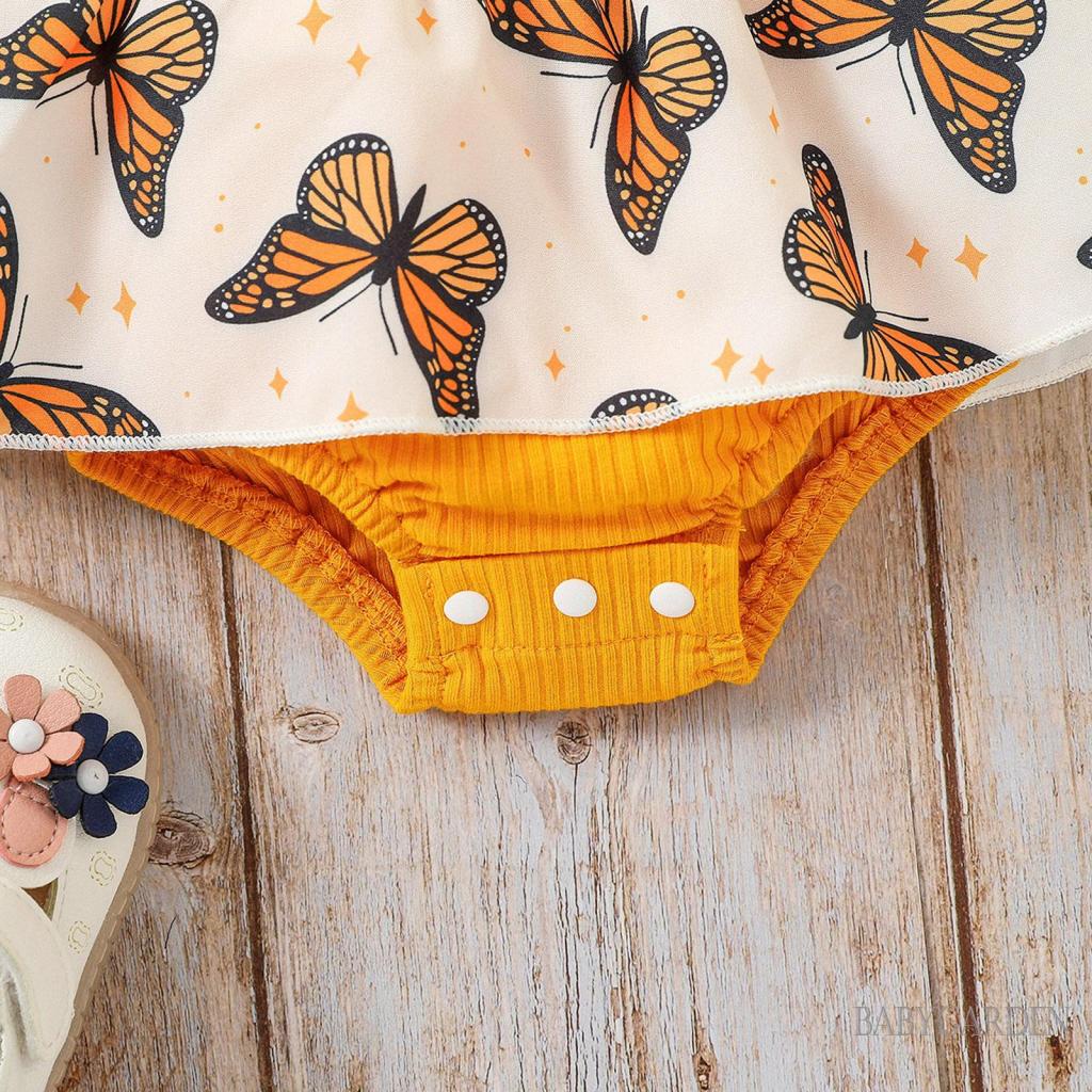 Set Áo Liền Quần &amp; Băng Đô Quấn Đầu In Hình Bướm Cho Bé Gái 0-18 Tháng Tuổi