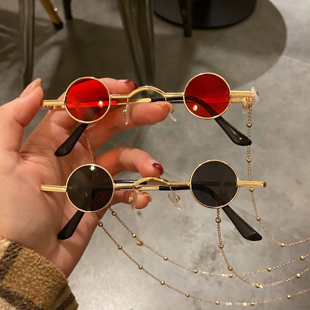 Kính Mát Gọng Tròn Nhỏ Chống Tia UV Phối Dây Đeo Sợi Xích Phong Cách Cổ Điển Thời Trang Cho Nữ