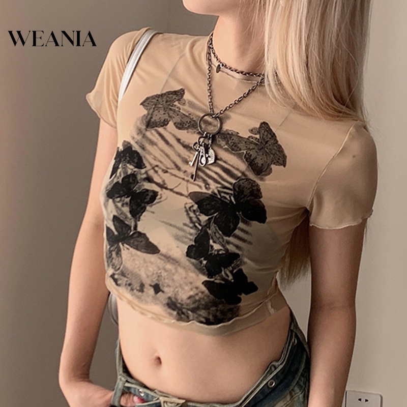 Áo Lưới Tay Ngắn Xuyên Thấu In Họa Tiết Bươm Bướm Cho Nữ