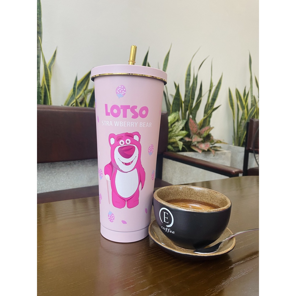 Ly giữ nhiệt gấu dâu LOSTO, bình nước giữ nhiệt có ống dung tích 750ml chất liệu inox 304 chống gỉ Cốc giữ nhiệt