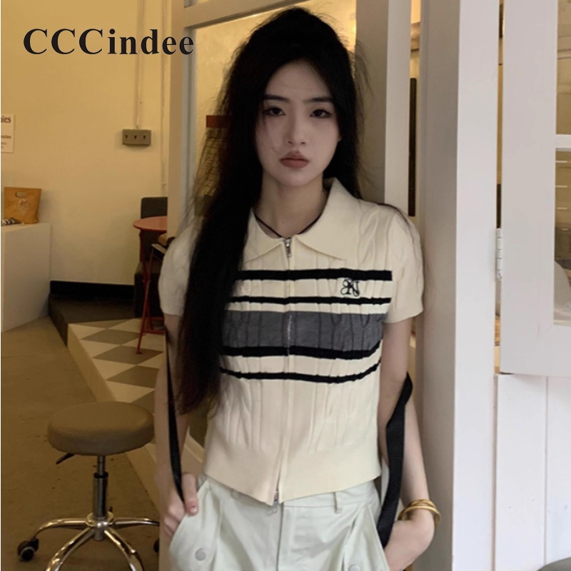 Áo Cardigan Ngắn Tay Cổ Polo Dáng Ôm Phối Khóa Kéo Thời Trang 2023 Cho Nữ