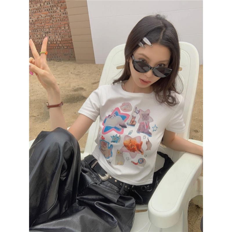 Áo Baby Tee Thun Croptop Nữ Tay Ngắn Hở Vai Dáng Ôm In Hình Mèo Thời Trang Mùa Hè Hàng Mới Dành Cho Bạn Nữ