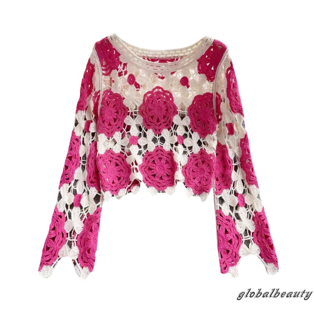 Áo Croptop Dệt Kim Tay Dài Cổ Tròn In Họa Tiết Hoa Thời Trang Xuân Hè Cho Nữ